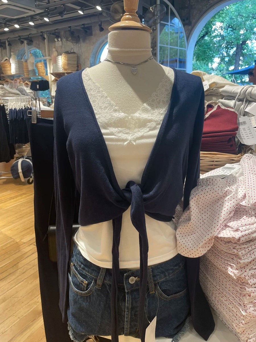 New Navy Lace-up Knitted Long  – Crop Cardigan Vintage Bewertung und Preis