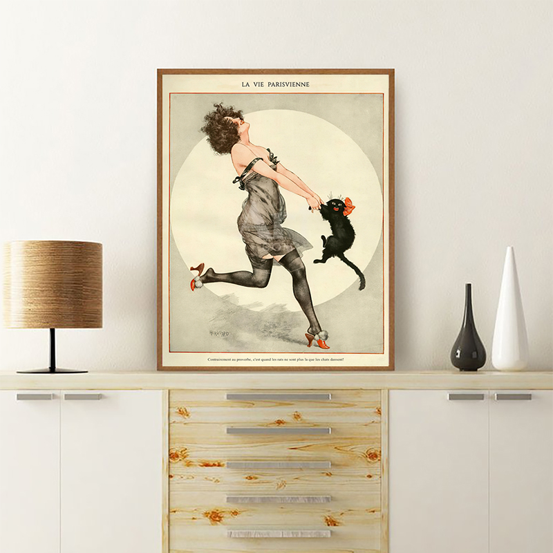 Woman and Black Cat Dancing Vi – Vintage Fashion Magazine Covers Bewertung und Preis